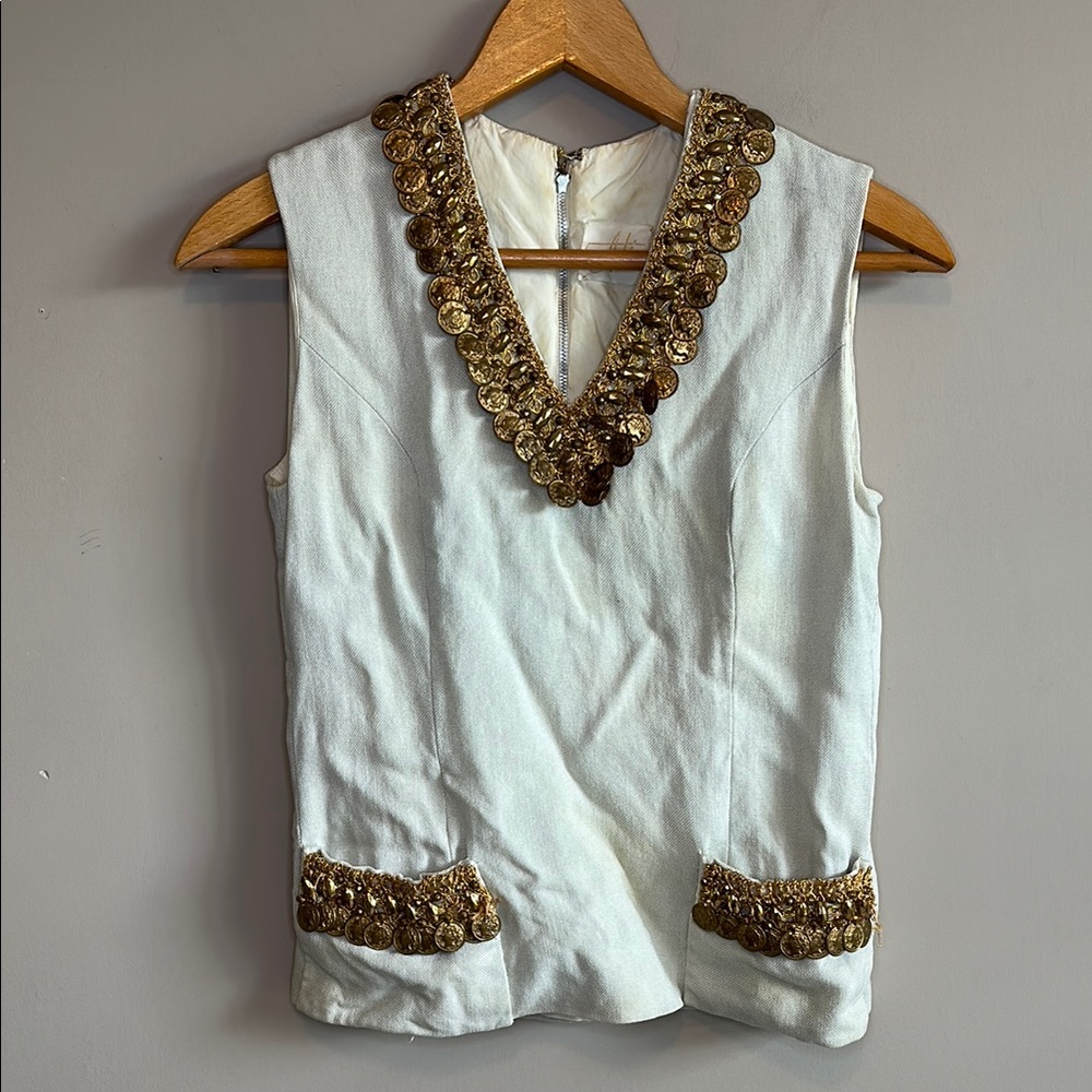 Vintage Gold Coin Embellished Sleeveless Cream V Neck Top